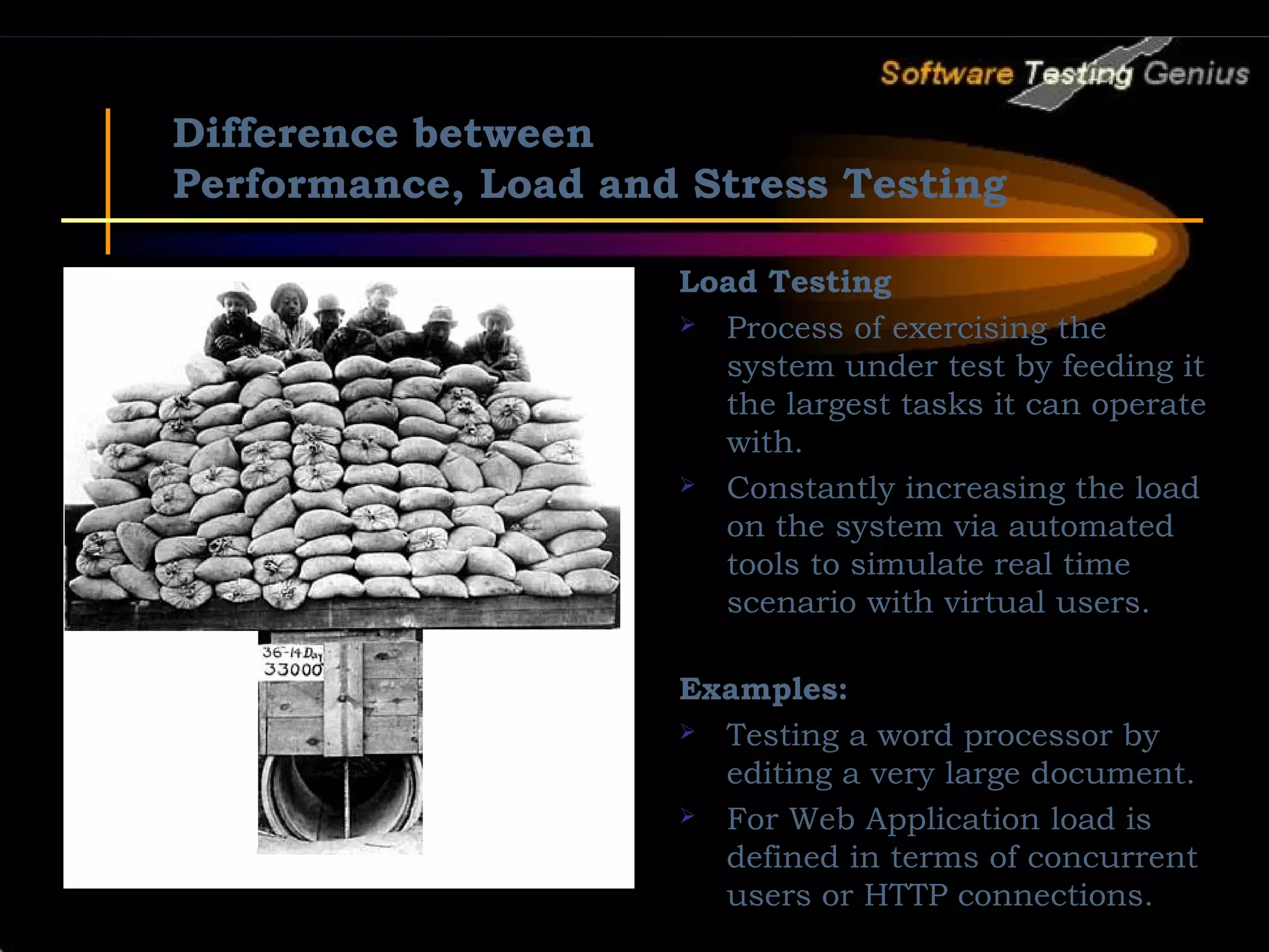 Difference between Performance, Load and Stress Testing Load Testing  Process of exercising the system under test by feeding it the largest tasks it can operate with.  Constantly increasing the load on the system via automated tools to simulate real time scenario with virtual users. Examples:  Testing a word processor by editing a very large document.  For Web Application load is defined in terms of concurrent users or HTTP connections. 