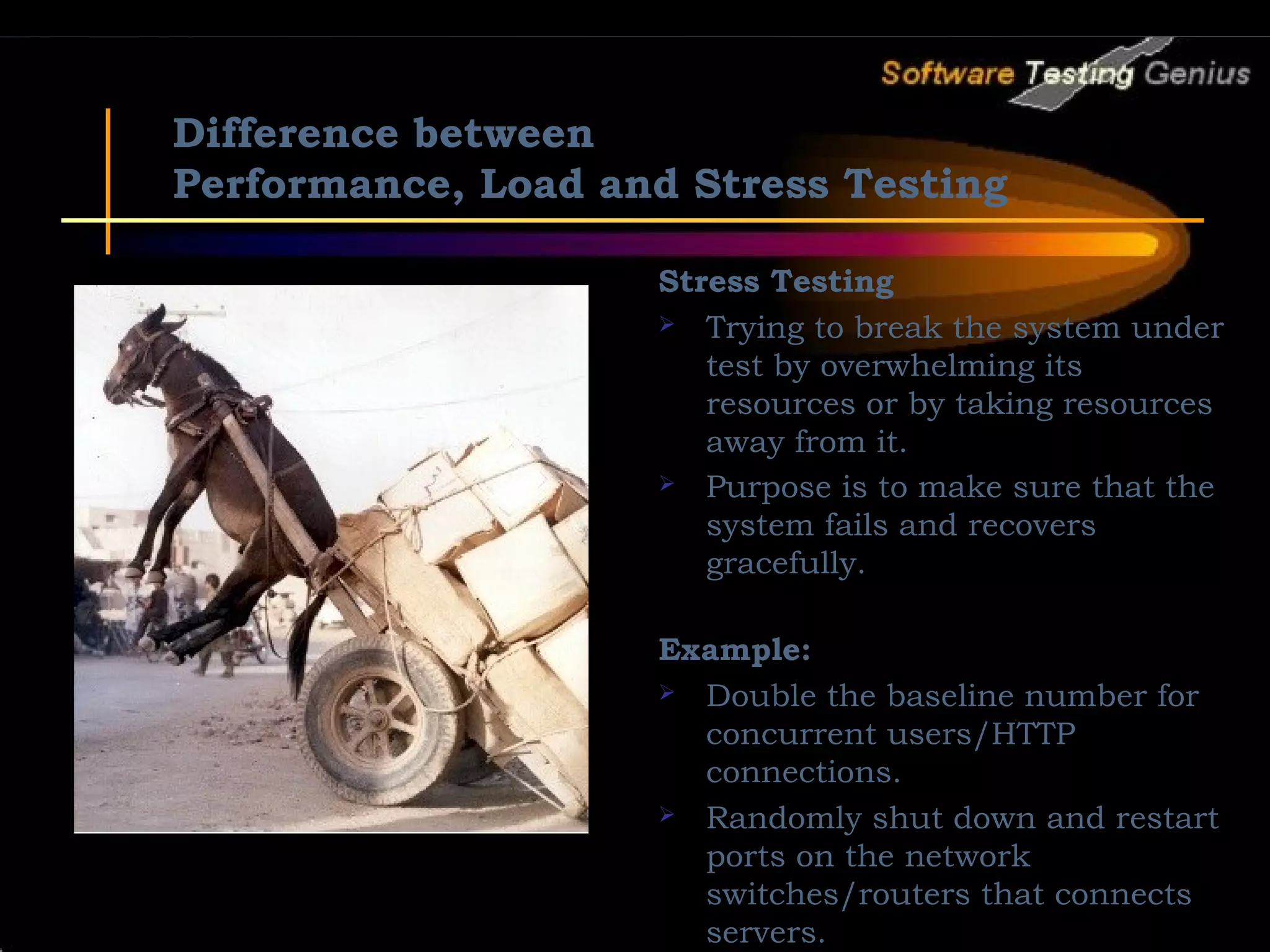 Difference between Performance, Load and Stress Testing Stress Testing  Trying to break the system under test by overwhelming its resources or by taking resources away from it.  Purpose is to make sure that the system fails and recovers gracefully. Example:  Double the baseline number for concurrent users/HTTP connections.  Randomly shut down and restart ports on the network switches/routers that connects servers. 