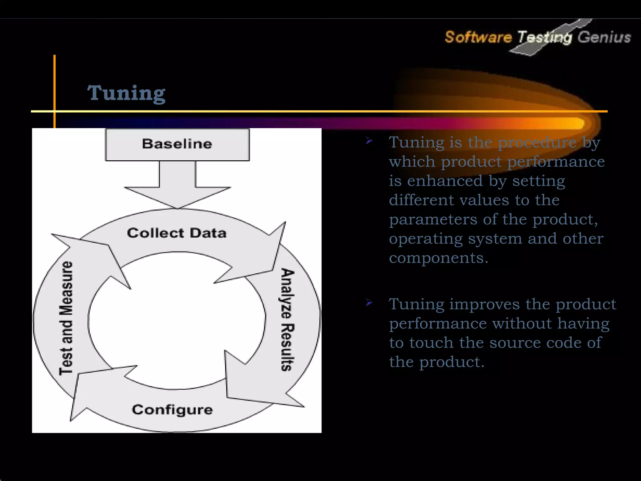 Tuning  Tuning is the procedure by which product performance is enhanced by setting different values to the parameters of the product, operating system and other components.  Tuning improves the product performance without having to touch the source code of the product. 