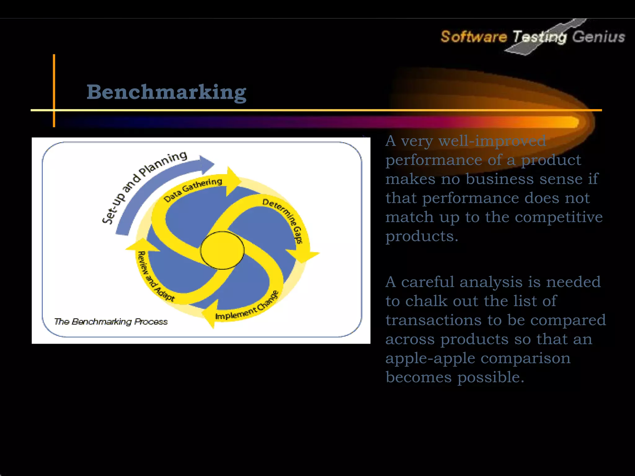 Benchmarking  A very well-improved performance of a product makes no business sense if that performance does not match up to the competitive products.  A careful analysis is needed to chalk out the list of transactions to be compared across products so that an apple-apple comparison becomes possible. 