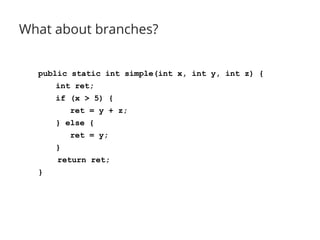 What about branches?
public static int simple(int x, int y, int z) {
int ret;
if (x > 5) {
ret = y + z;
} else {
ret = y;
}
return ret;
}
 