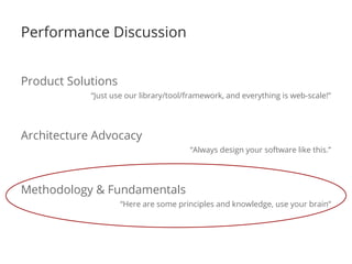 Performance Discussion
Product Solutions
“Just use our library/tool/framework, and everything is web-scale!”
Architecture Advocacy
“Always design your software like this.”
Methodology & Fundamentals
“Here are some principles and knowledge, use your brain“
 