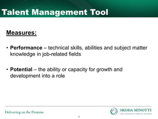 15
Talent Management Tool
Measures:
• Performance – technical skills, abilities and subject matter
knowledge in job-related fields
• Potential – the ability or capacity for growth and
development into a role
 