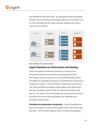 silos identiﬁed by their DNS name. By segregating state and stateless
operations and provisioning accordingly, applications and systems can
run more efﬁciently and with higher resource utilization than under a
more common scenario.


        Networking               Load Balancing +   Web Tier   Database Tier
                                     Caching




  http://app2.joyent.com




  http://app1.joyent.com




Figure 3: Multi-silo, n-tier, scaled architecture


Joyent Solutions to Performance and Scaling
Joyent has applied its extensive experience in providing cloud
computing infrastructure and services and developed its Smart
Technologies range of products, from its SmartOS operating system,
SmartMachine virtualization technology, SmartDataCenter infrastructure
management system, to its SmartPlatform development environment.
This Joyent architecture provides a highly elastic cloud infrastructure
that accommodates bursts in trafﬁc that other cloud infrastructures
cannot. The Joyent Smart Technologies architecture has the following
key performance and scaling advantages over traditional cloud
computing infrastructures:

SmartMachine lightweight virtualization. Joyent SmartMachines
have been designed to provide best possible performance with limited
overhead. The SmartOS operating system combines the operating




                                                                               13
 