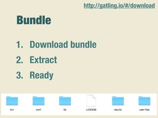Bundle
1. Download bundle
2. Extract
3. Ready
http://gatling.io/#/download
 