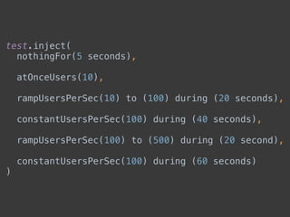 test.inject( 
nothingFor(5 seconds),
atOnceUsers(10), 
rampUsersPerSec(10) to (100) during (20 seconds), 
constantUsersPerSec(100) during (40 seconds), 
rampUsersPerSec(100) to (500) during (20 second), 
constantUsersPerSec(100) during (60 seconds) 
)
 
