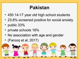Pakistan
• 450 14-17 year old high school students
• 23.8% screened positive for social anxiety
• public 33%
• private schools 18%
• No association with age and gender
• (Farooq et al, 2017)
 