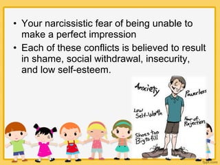 • Your narcissistic fear of being unable to
make a perfect impression
• Each of these conflicts is believed to result
in shame, social withdrawal, insecurity,
and low self-esteem.
 