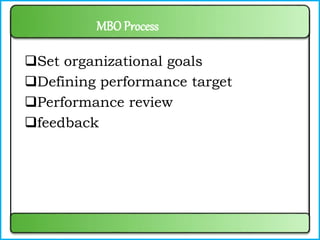 MBO Process
Set organizational goals
Defining performance target
Performance review
feedback
 