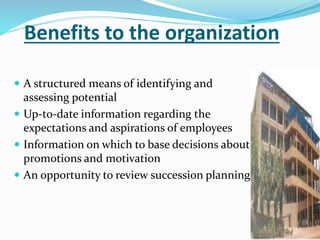 Benefits to the organization
 A structured means of identifying and
assessing potential
 Up-to-date information regarding the
expectations and aspirations of employees
 Information on which to base decisions about
promotions and motivation
 An opportunity to review succession planning
 
