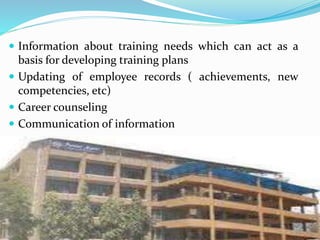  Information about training needs which can act as a
basis for developing training plans
 Updating of employee records ( achievements, new
competencies, etc)
 Career counseling
 Communication of information
 