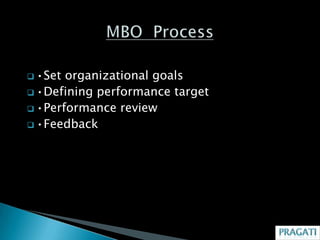  •Set organizational goals
 •Defining performance target
 •Performance review
 •Feedback
 