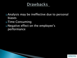  Analysis   may be ineffective due to personal
  biases
 Time Consuming
 Negative effect on the employee’s
  performance
 