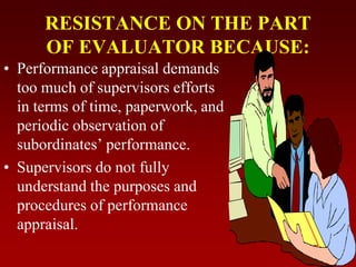 RESISTANCE ON THE PART
OF EVALUATOR BECAUSE:
• Performance appraisal demands
too much of supervisors efforts
in terms of time, paperwork, and
periodic observation of
subordinates’ performance.
• Supervisors do not fully
understand the purposes and
procedures of performance
appraisal.
 