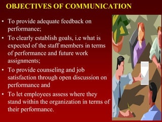 OBJECTIVES OF COMMUNICATION
• To provide adequate feedback on
performance;
• To clearly establish goals, i.e what is
expected of the staff members in terms
of performance and future work
assignments;
• To provide counseling and job
satisfaction through open discussion on
performance and
• To let employees assess where they
stand within the organization in terms of
their performance.
 
