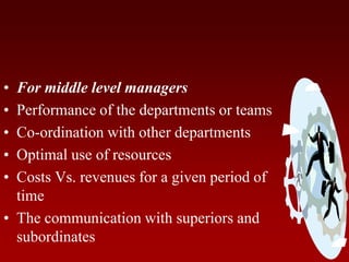 • For middle level managers
• Performance of the departments or teams
• Co-ordination with other departments
• Optimal use of resources
• Costs Vs. revenues for a given period of
time
• The communication with superiors and
subordinates
 