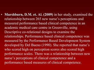 • Marshburn, D.M. et. Al. (2009) in her study, examined the
relationship between 265 new nurse’s perceptions and
measured performance based clinical competence in an
academic medical care centre in Greenville, using
Descriptive co-relational designs to examine the
relationships. Performance based clinical competence was
measured by the Performance Based Development System
developed by Del Bueno (1990). She reported that nurse’s
who scored high on perception scores also scored high
performance scales. There was a relationship between new
nurse’s perceptions of clinical competence and a
performance based measures of clinical competence.
 