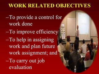 WORK RELATED OBJECTIVES
–To provide a control for
work done
–To improve efficiency
–To help in assigning
work and plan future
work assignment; and
–To carry out job
evaluation
 