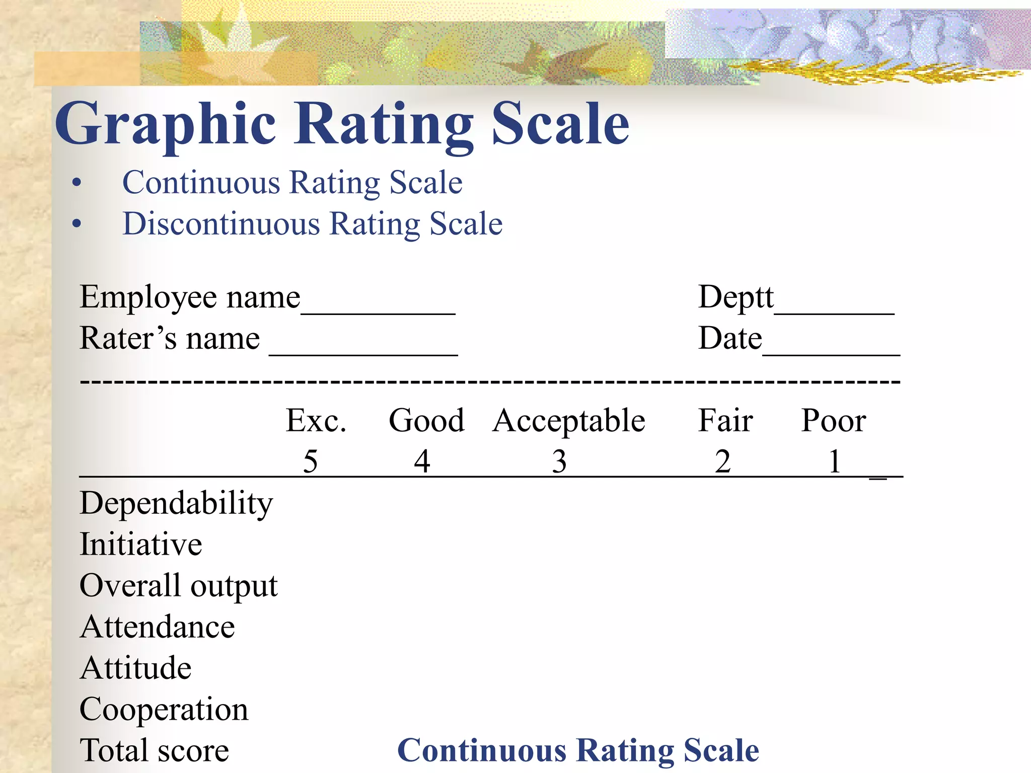 Graphic Rating Scale
•   Continuous Rating Scale
•   Discontinuous Rating Scale

Employee name_________                                Deptt_______
Rater’s name ___________                              Date________
------------------------------------------------------------------------
                  Exc. Good Acceptable                Fair Poor
                    5        4           3              2        1 _
Dependability
Initiative
Overall output
Attendance
Attitude
Cooperation
Total score                 Continuous Rating Scale
 