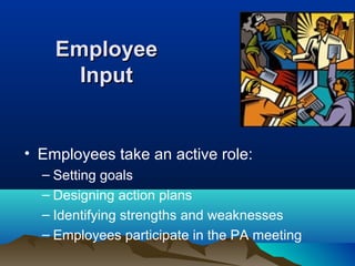 EmployeeEmployee
InputInput
• Employees take an active role:
– Setting goals
– Designing action plans
– Identifying strengths and weaknesses
– Employees participate in the PA meeting
 