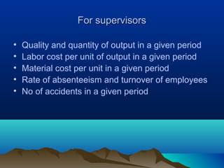 For supervisorsFor supervisors
• Quality and quantity of output in a given period
• Labor cost per unit of output in a given period
• Material cost per unit in a given period
• Rate of absenteeism and turnover of employees
• No of accidents in a given period
 
