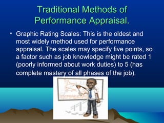 Traditional Methods ofTraditional Methods of
Performance Appraisal.Performance Appraisal.
• Graphic Rating Scales: This is the oldest and
most widely method used for performance
appraisal. The scales may specify five points, so
a factor such as job knowledge might be rated 1
(poorly informed about work duties) to 5 (has
complete mastery of all phases of the job).
 