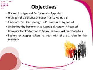 Objectives
• Discuss the types of Performance Appraisal
• Highlight the benefits of Performance Appraisal
• Elaborate on disadvantage of Performance Appraisal
• Underline the Performance Appraisal system in hospital
• Compare the Performance Appraisal forms of four hospitals
• Explore strategies taken to deal with the situation in the
scenario
 