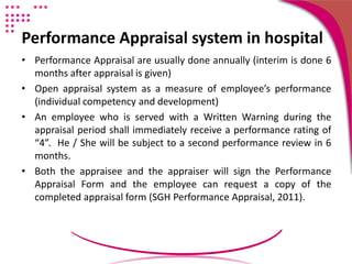 Performance Appraisal system in hospital
• Performance Appraisal are usually done annually (interim is done 6
months after appraisal is given)
• Open appraisal system as a measure of employee’s performance
(individual competency and development)
• An employee who is served with a Written Warning during the
appraisal period shall immediately receive a performance rating of
“4”. He / She will be subject to a second performance review in 6
months.
• Both the appraisee and the appraiser will sign the Performance
Appraisal Form and the employee can request a copy of the
completed appraisal form (SGH Performance Appraisal, 2011).
 