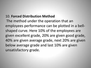 10. Forced Distribution Method

The method under the operation that an
employees performance can be plotted in a bellshaped curve. Here 10% of the employees are
given excellent grade, 20% are given good grade,
40% are given average grade, next 20% are given
below average grade and last 10% are given
unsatisfactory grade.

 