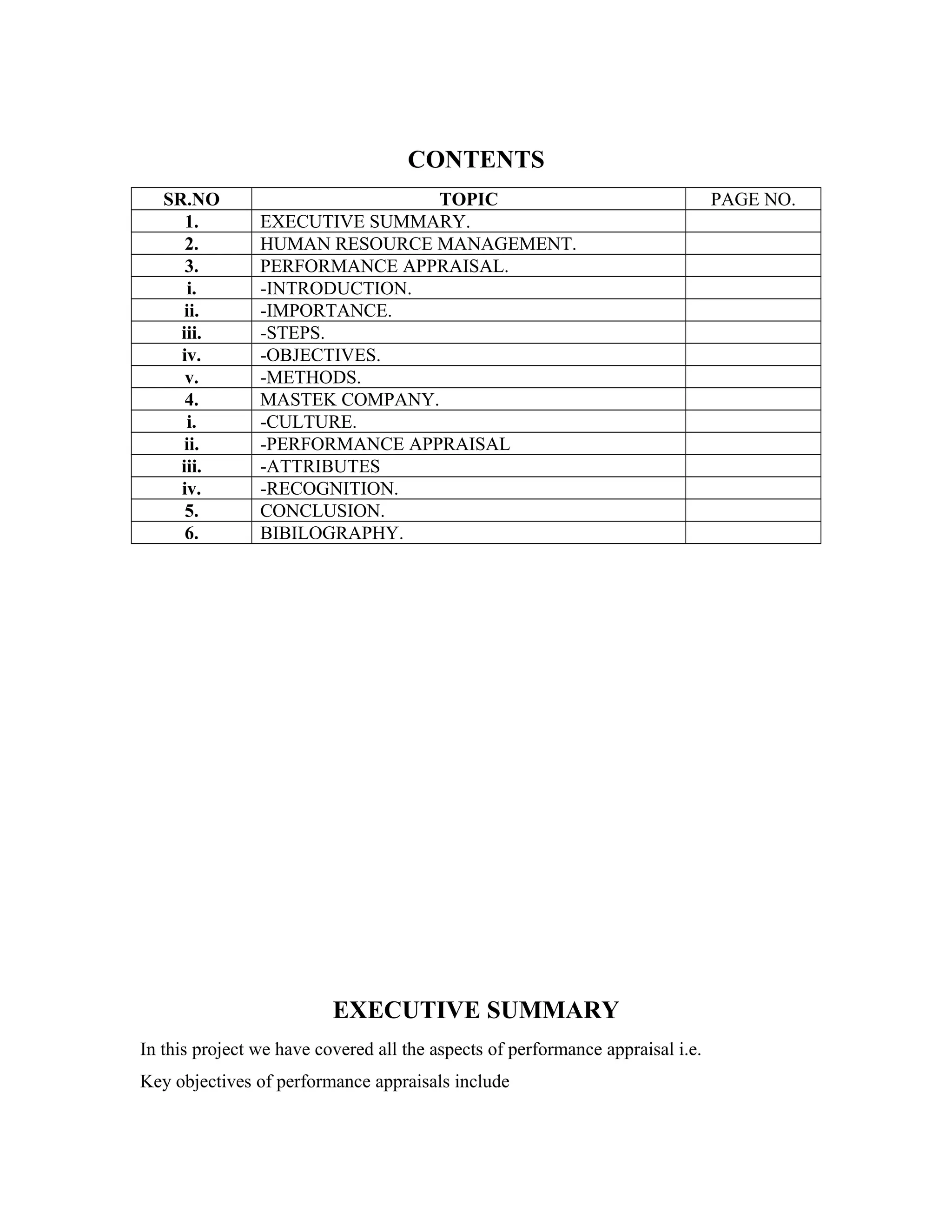 CONTENTS
SR.NO TOPIC PAGE NO.
1. EXECUTIVE SUMMARY.
2. HUMAN RESOURCE MANAGEMENT.
3. PERFORMANCE APPRAISAL.
i. -INTRODUCTION.
ii. -IMPORTANCE.
iii. -STEPS.
iv. -OBJECTIVES.
v. -METHODS.
4. MASTEK COMPANY.
i. -CULTURE.
ii. -PERFORMANCE APPRAISAL
iii. -ATTRIBUTES
iv. -RECOGNITION.
5. CONCLUSION.
6. BIBILOGRAPHY.
EXECUTIVE SUMMARY
In this project we have covered all the aspects of performance appraisal i.e.
Key objectives of performance appraisals include
 