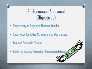 Performance Appraisal
(Objectives)
• Opportunity to Regularly Discuss Results
• Supervisor Identifies Strengths and Weaknesses
• Fair and Equitable Format
• Basis for Salary/Promotion Recommendations
 