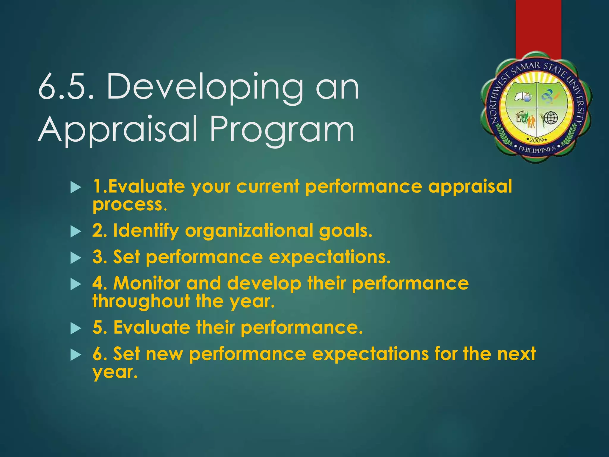 6.5. Developing an
Appraisal Program
 1.Evaluate your current performance appraisal
process.
 2. Identify organizational goals.
 3. Set performance expectations.
 4. Monitor and develop their performance
throughout the year.
 5. Evaluate their performance.
 6. Set new performance expectations for the next
year.
 
