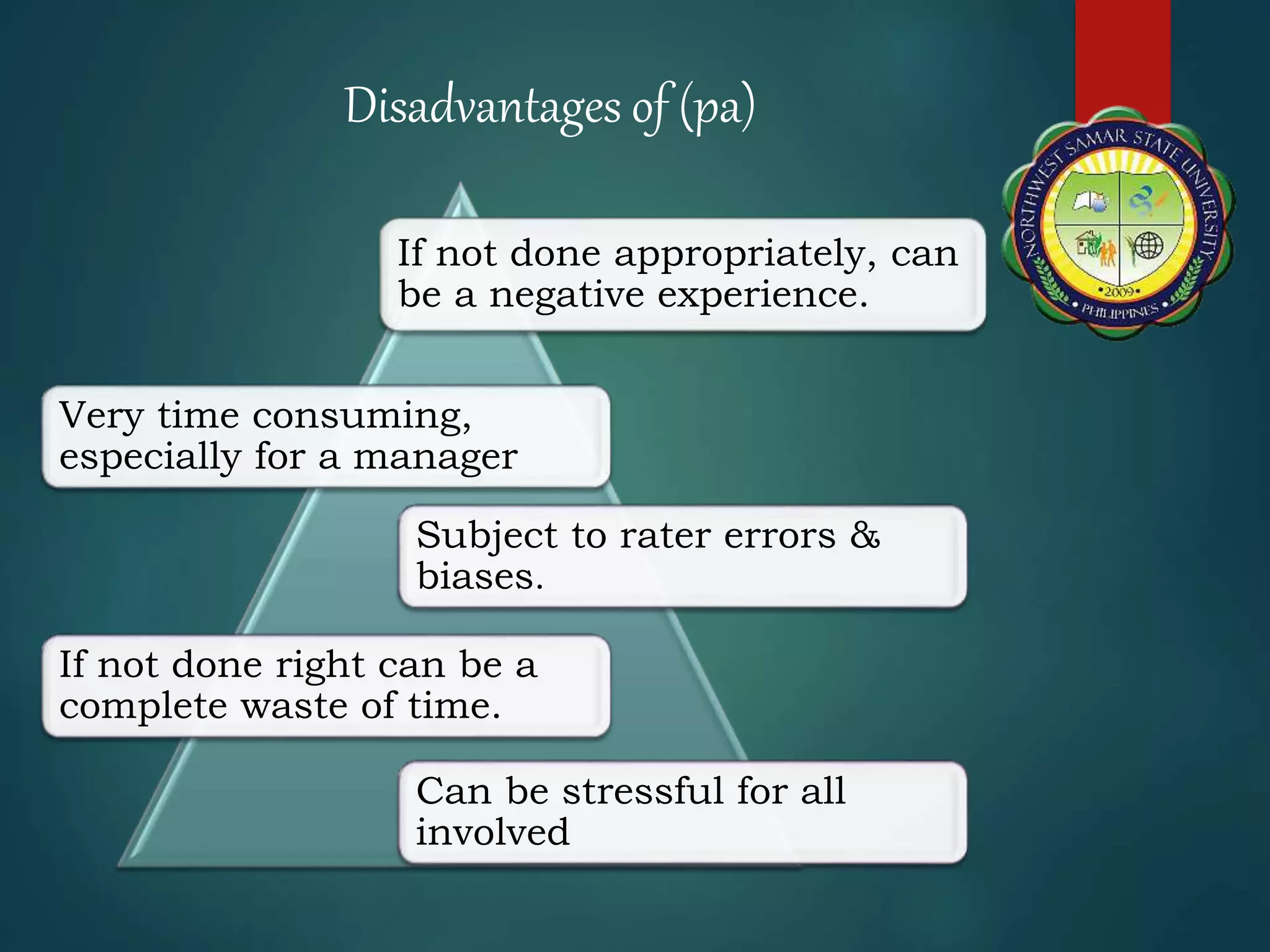 If not done appropriately, can
be a negative experience.
Very time consuming,
especially for a manager
Subject to rater errors &
biases.
If not done right can be a
complete waste of time.
Can be stressful for all
involved
Disadvantages of (pa)
 