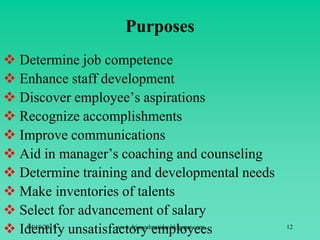 Purposes
 Determine job competence
 Enhance staff development
 Discover employee’s aspirations
 Recognize accomplishments
 Improve communications
 Aid in manager’s coaching and counseling
 Determine training and developmental needs
 Make inventories of talents
 Select for advancement of salary
 Identify unsatisfactory employees04/10/2015 www.drjayeshpatidar.blogspot.com 12
 