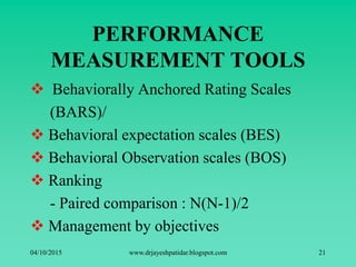 PERFORMANCE
MEASUREMENT TOOLS
 Behaviorally Anchored Rating Scales
(BARS)/
 Behavioral expectation scales (BES)
 Behavioral Observation scales (BOS)
 Ranking
- Paired comparison : N(N-1)/2
 Management by objectives
04/10/2015 www.drjayeshpatidar.blogspot.com 21
 