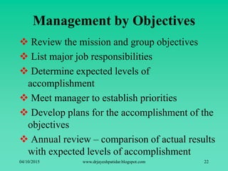 Management by Objectives
 Review the mission and group objectives
 List major job responsibilities
 Determine expected levels of
accomplishment
 Meet manager to establish priorities
 Develop plans for the accomplishment of the
objectives
 Annual review – comparison of actual results
with expected levels of accomplishment
04/10/2015 www.drjayeshpatidar.blogspot.com 22
 