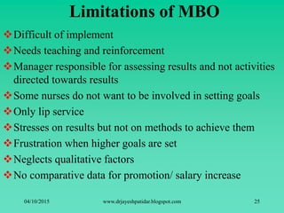 Limitations of MBO
Difficult of implement
Needs teaching and reinforcement
Manager responsible for assessing results and not activities
directed towards results
Some nurses do not want to be involved in setting goals
Only lip service
Stresses on results but not on methods to achieve them
Frustration when higher goals are set
Neglects qualitative factors
No comparative data for promotion/ salary increase
04/10/2015 www.drjayeshpatidar.blogspot.com 25
 