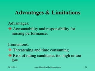 Advantages & Limitations
Advantages:
 Accountability and responsibility for
nursing performance.
Limitations:
 Threatening and time consuming
 Risk of rating candidates too high or too
low
04/10/2015 www.drjayeshpatidar.blogspot.com 31
 