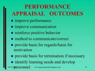 PERFORMANCE
APPRAISAL OUTCOMES
improve performance
improve communication
reinforce positive behavior
method to communicate/correct
provide basis for regards/basis for
motivation
provide basis for termination if necessary
identify learning needs and develop
personnel04/10/2015 www.drjayeshpatidar.blogspot.com 35
 
