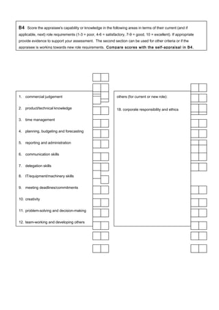 B4 Score the appraisee's capability or knowledge in the following areas in terms of their current (and if
applicable, next) role requirements (1-3 = poor, 4-6 = satisfactory, 7-9 = good, 10 = excellent). If appropriate
provide evidence to support your assessment. The second section can be used for other criteria or if the
appraisee is working towards new role requirements. Compare scores with the self-appraisal in B4.
1. commercial judgement
2. product/technical knowledge
3. time management
4. planning, budgeting and forecasting
5. reporting and administration
6. communication skills
7. delegation skills
8. IT/equipment/machinery skills
9. meeting deadlines/commitments
10. creativity
11. problem-solving and decision-making
12. team-working and developing others
others (for current or new role):
18. corporate responsibility and ethics
 