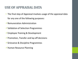 USEOFAPPRAISALDATA
• The final step of Appraisal involves usage of the appraisal data
for any one of the following purposes:
Remuneration Administration
Validation of Selection Programmes
Employee Training & Development
Promotion, Transfer and lay-off decisions
Grievance & Discipline Programmes
Human Resource Planning
 