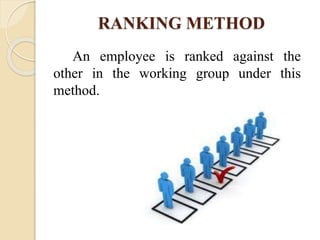 RANKING METHOD
An employee is ranked against the
other in the working group under this
method.
 