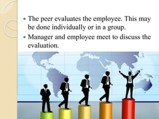  The peer evaluates the employee. This may
be done individually or in a group.
 Manager and employee meet to discuss the
evaluation.
 