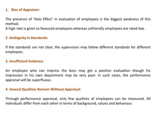 1. Bias of Appraiser:
The presence of ‘Halo Effect’ in evaluation of employees is the biggest weakness of this
method.
A high rate is given to favoured employees whereas unfriendly employees are rated low.
2. Ambiguity in Standards:
If the standards are not clear, the supervisors may follow different standards for different
employees.
3. Insufficient Evidence:
An employee who can impress the boss may get a positive evaluation though his
impression in his own department may be very poor. In such cases, the performance
appraisal will be superfluous.
4. Several Qualities Remain Without Appraisal:
Through performance appraisal, only few qualities of employees can be measured. All
individuals differ from each other in terms of background, values and behaviour.
 