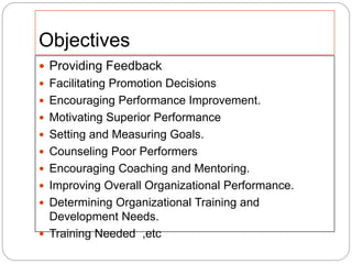 Objectives
 Providing Feedback
 Facilitating Promotion Decisions
 Encouraging Performance Improvement.
 Motivating Superior Performance
 Setting and Measuring Goals.
 Counseling Poor Performers
 Encouraging Coaching and Mentoring.
 Improving Overall Organizational Performance.
 Determining Organizational Training and
Development Needs.
 Training Needed ,etc
 