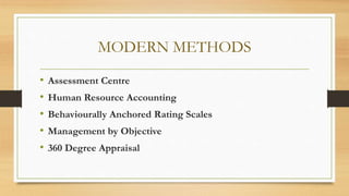 MODERN METHODS
• Assessment Centre
• Human Resource Accounting
• Behaviourally Anchored Rating Scales
• Management by Objective
• 360 Degree Appraisal
 
