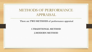 METHODS OF PERFORMANCE
APPRAISAL
There are TWO METHODS of performance appraisal
1.TRADITIONAL METHOD
2.MODERN METHOD
 