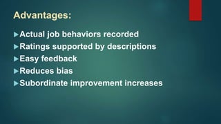 Advantages:
Actual job behaviors recorded
Ratings supported by descriptions
Easy feedback
Reduces bias
Subordinate improvement increases
 