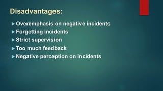 Disadvantages:
 Overemphasis on negative incidents
 Forgetting incidents
 Strict supervision
 Too much feedback
 Negative perception on incidents
 