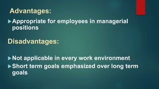 Advantages:
Appropriate for employees in managerial
positions
Disadvantages:
Not applicable in every work environment
Short term goals emphasized over long term
goals
 